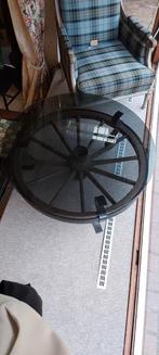 SALE! Van 150 naar 75! Unieke Karrenwiel Tafel met Glasplaat, Gebruikt, 50 tot 100 cm, Glas, Rustiek