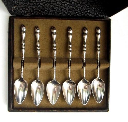 Antiek set: zes zilveren koffielepeltjes in cassette ca 1920, Antiek en Kunst, Antiek | Goud en Zilver, Zilver, Ophalen of Verzenden
