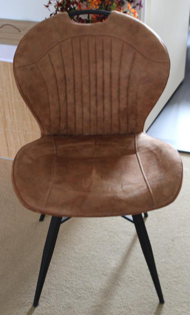 ️ Moderne cognac-kleurige eetkamerstoelen, Huis en Inrichting, Stoelen, Zo goed als nieuw, Vier, Hout, Stof, Bruin, Ophalen