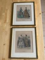 2x Antieke Vintage Brocante mode prent gouden lijst schilder, Ophalen of Verzenden