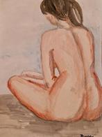Origineel schilderij aquarel nude vrouw rug zit gesigneerd, Ophalen of Verzenden
