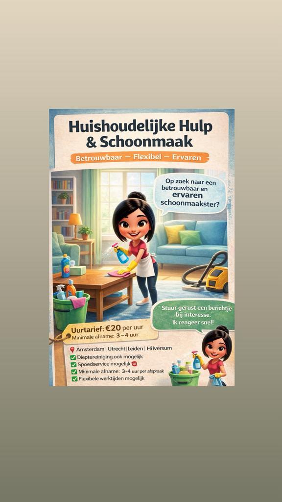 Schoonmaakster beschikbaar, Vacatures, Vacatures | Schoonmaak en Facilitaire diensten, Vanaf 10 jaar, Overige vormen