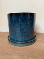 Bloempot met schotel - Blauw geglazuurd, Rond, Binnen, Ophalen of Verzenden, Zo goed als nieuw