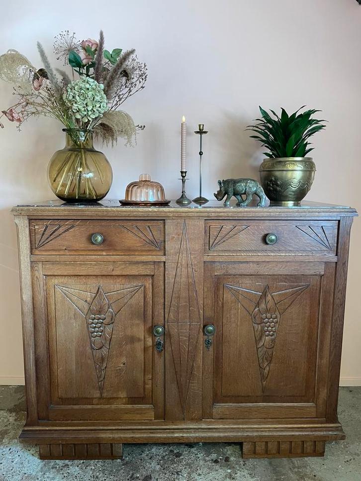 Vintage houten commode met marmeren blad in aardetinten, Huis en Inrichting, Kasten | Overige, Gebruikt, Ophalen