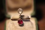 Antieke vintage gouden ring 14kt  robijn en roosdiamant, Ophalen of Verzenden, Goud, Ring