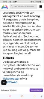 Te koop 1 Lowlands kaartje te koop wegens voetbreuk, Tickets en Kaartjes, Evenementen en Festivals, Eén persoon