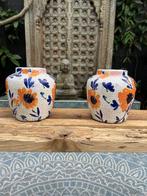 Aardewerk craquelé vaas bloemen Blauw, Verburgt Vintage, Overige kleuren, Aardewerk of Porselein, Nieuw