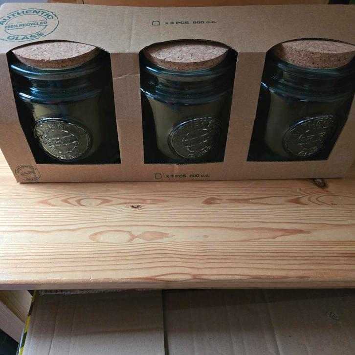 3 Glazen Voorraadpotten met Kurk, Huis en Inrichting, Keuken | Keukenbenodigdheden, Nieuw, Ophalen