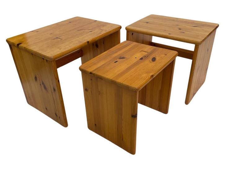 Vintage pine wood grenen mimiset bijzettafels set van 3, Huis en Inrichting, Tafels | Bijzettafels, Ophalen of Verzenden