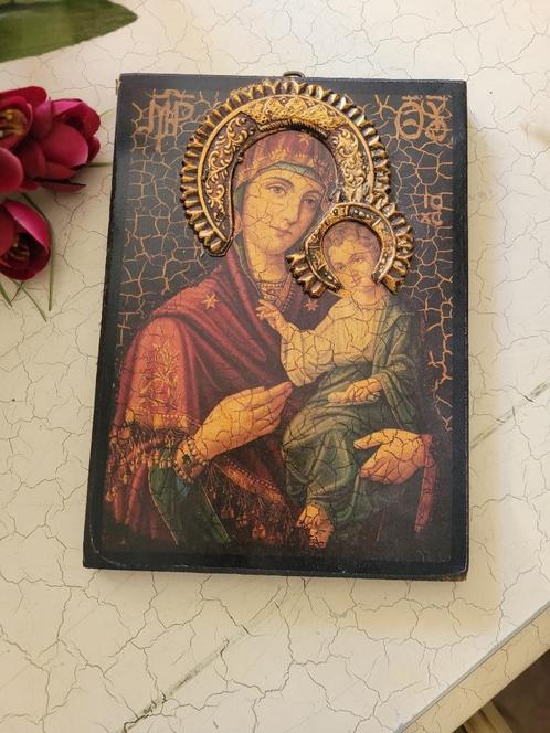 Vintage religieuze afbeelding op hout foto 1 t/m 5, Verzamelen, Religie, Zo goed als nieuw, Overige religies, Overige typen, Ophalen of Verzenden