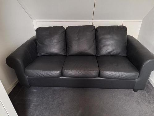 Zwarte leren 3-zits bankstel, Huis en Inrichting, Banken | Bankstellen, Gebruikt, Rechte bank, Driepersoons, 150 tot 200 cm, 75 tot 100 cm
