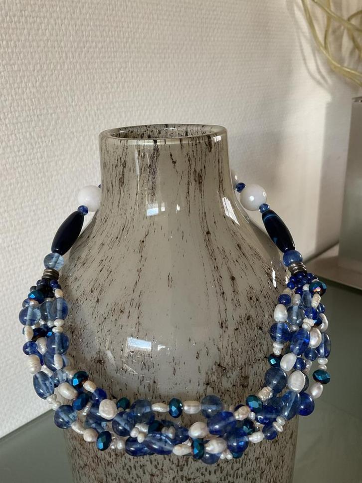 Ketting met blueberry quarts, jade, agaat en zoetwaterparels, Sieraden, Tassen en Uiterlijk, Kettingen, Nieuw, Steen of Mineraal