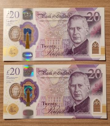 Bankbiljetten - UK Charles 2x 20 pond UNC opeenvolgend beschikbaar voor biedingen