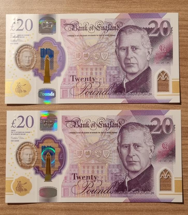 Bankbiljetten - UK Charles 2x 20 pond UNC opeenvolgend, Postzegels en Munten, Bankbiljetten | Europa | Niet-Eurobiljetten, Setje