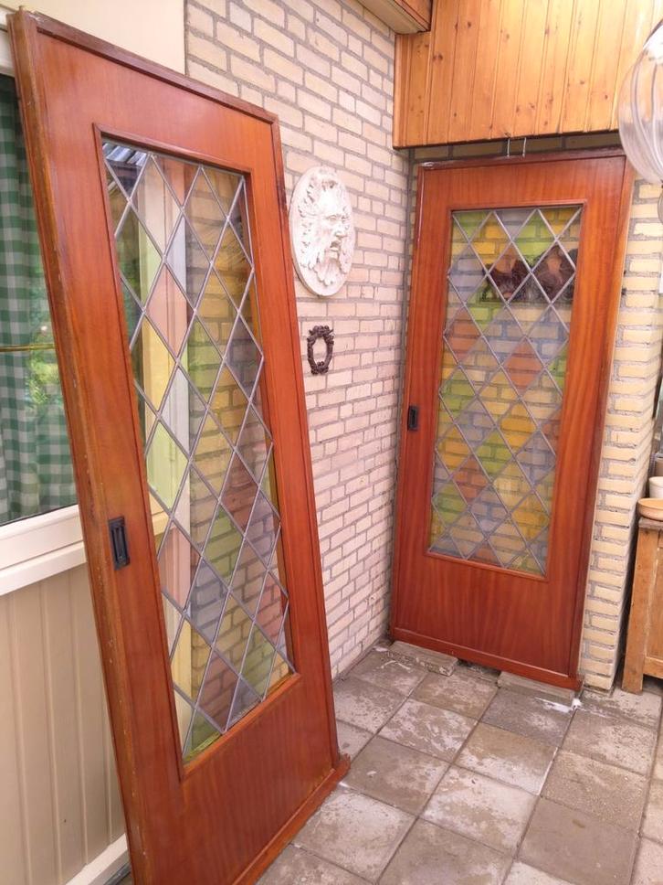 Mooie antieke schuifdeuren glas in lood met wafelpatroon, Doe-het-zelf en Verbouw, Deuren en Horren, Gebruikt, Binnendeur, 200 tot 215 cm