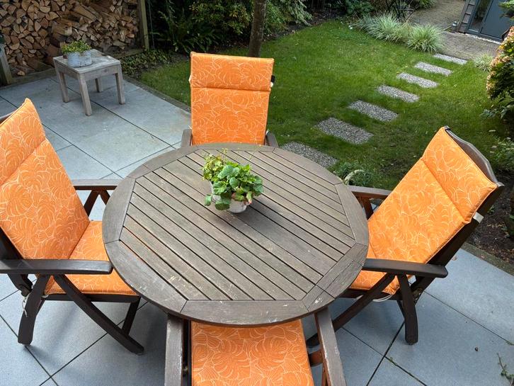 FSC Hardhouten tuinset met 4 verstelbare stoelen, Tuin en Terras, Tuinsets en Loungesets, Gebruikt, Tuinset, Hardhout, 4 zitplaatsen