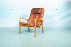 Vintage Plywood fauteuil Brutalist Scandinavian Lounge chair, Leer, Ophalen of Verzenden
