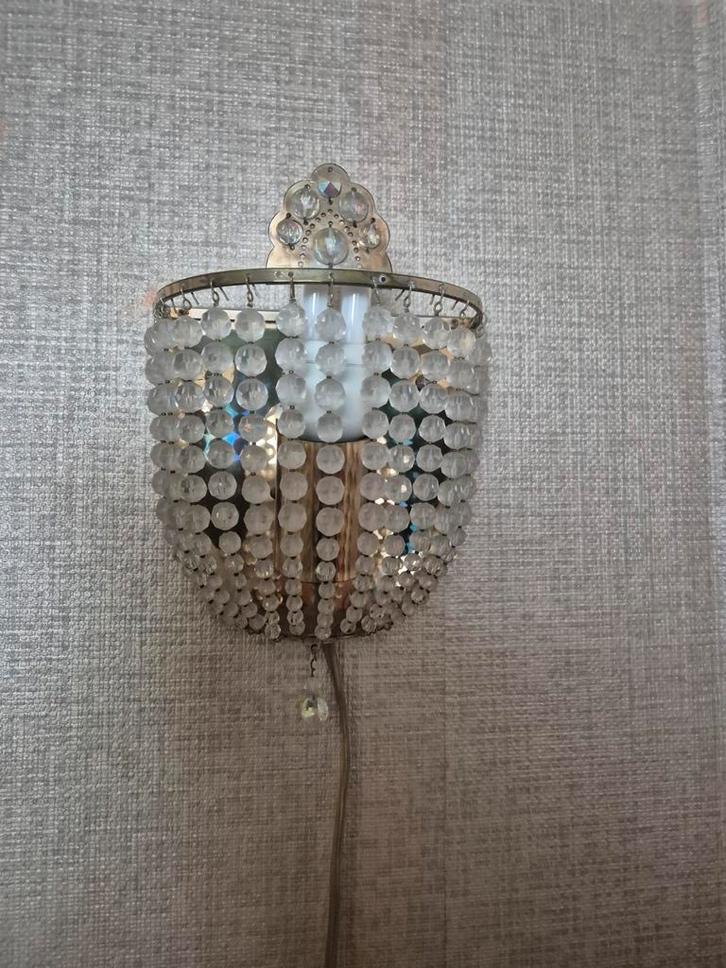 Vintage Wandlamp met Kristallen, Huis en Inrichting, Lampen | Wandlampen, Gebruikt, Glas, Metaal, Ophalen of Verzenden