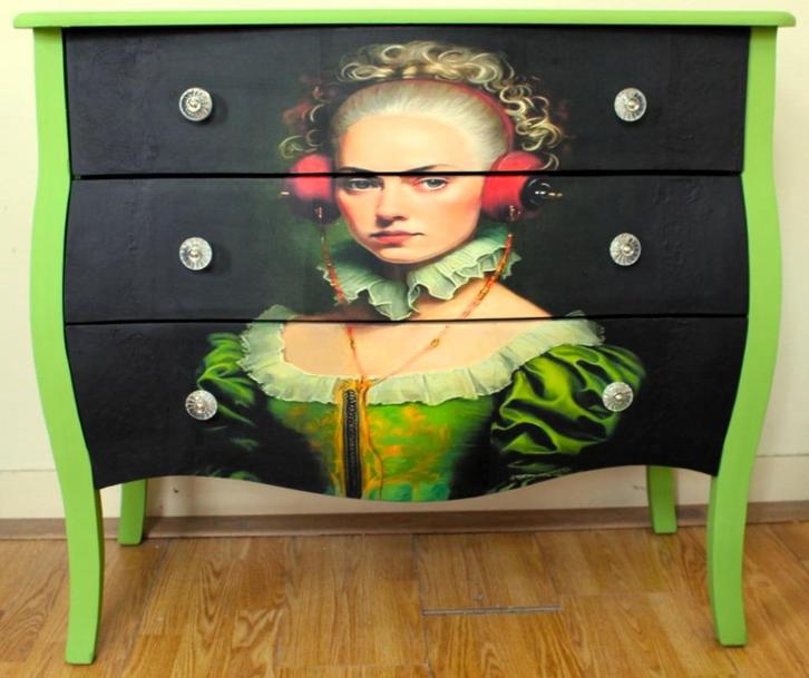 Grote groene ladekast “Vrouw met koptelefoon”, eclectisch, Huis en Inrichting, Kasten | Ladekasten, Zo goed als nieuw, Minder dan 100 cm