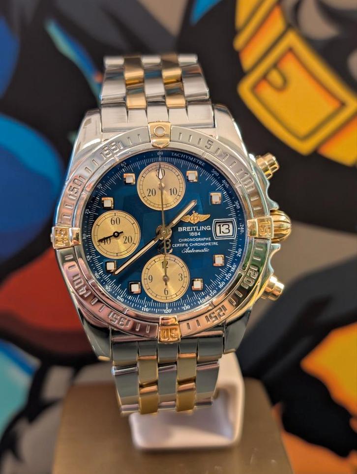 Breitling Chrono Cockpit Blauwe wijzerplaat, Sieraden, Tassen en Uiterlijk, Horloges | Heren, Zo goed als nieuw, Breitling, Goud