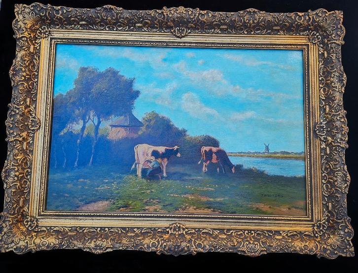 Oude Hollands Landschap Koeien olieverfschilderi Gesigneerd, Antiek en Kunst, Kunst | Schilderijen | Klassiek, Ophalen of Verzenden