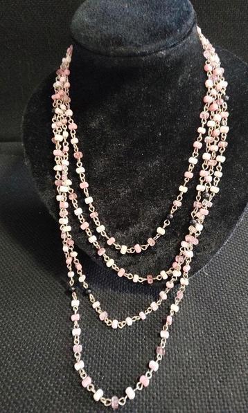 Vintage lange ketting kristallen glas roze zwart wit kralen  beschikbaar voor biedingen