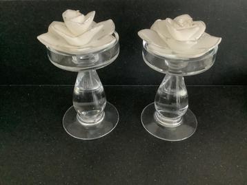 2 leuke glazen kandelaars kandelaar met roos kaars 16 cm beschikbaar voor biedingen