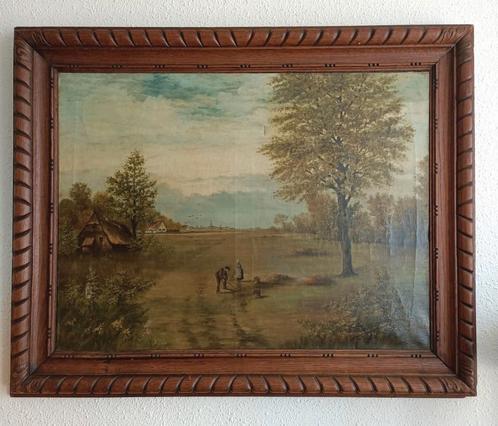 Oud landschap schilderij in houten lijst. Gesigneerd!, Antiek en Kunst, Kunst | Schilderijen | Klassiek, Ophalen of Verzenden