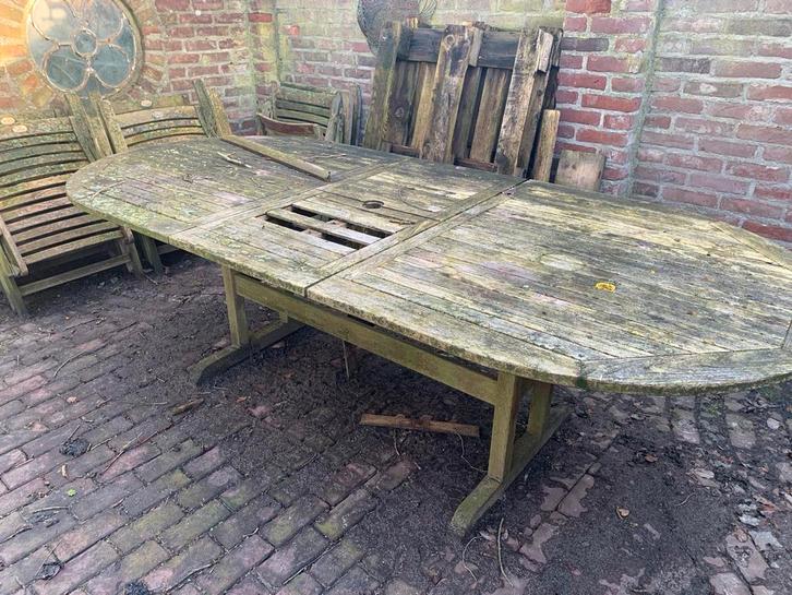 Houten tuintafel met stoelen, Tuin en Terras, Tuintafels, Gebruikt, Ovaal, Teakhout, Ophalen of Verzenden