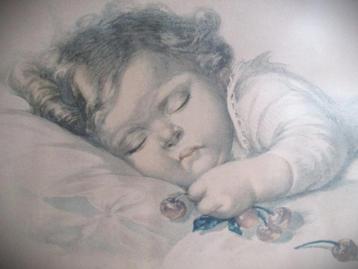 Fialkowska~2 grote tekeningen in lijst~Baby slapend en wakke beschikbaar voor biedingen