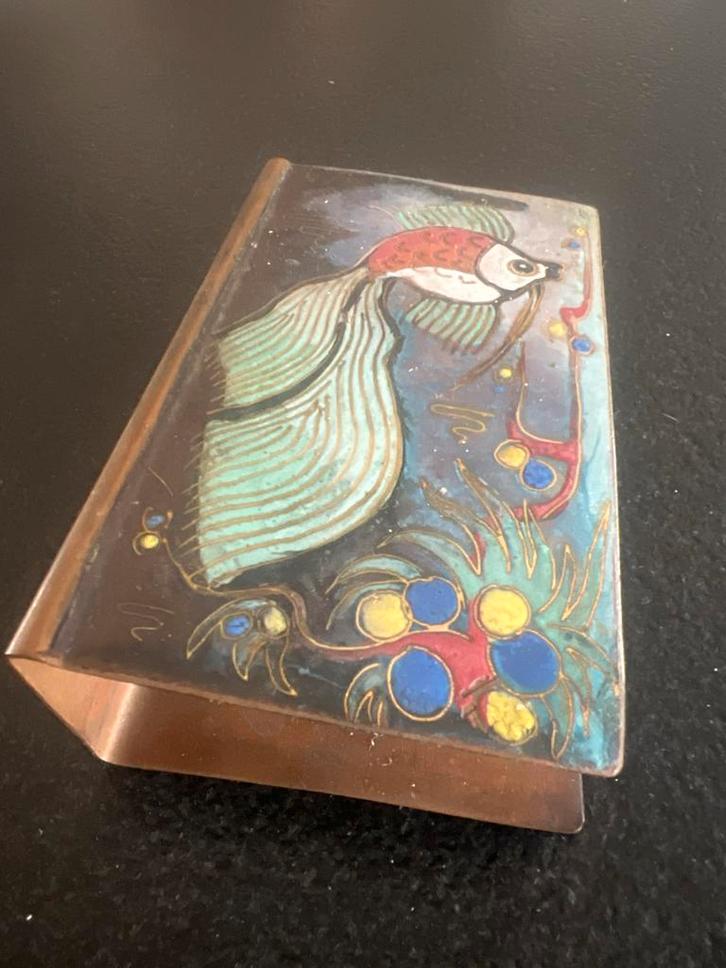 Emaille Luciferdoos Houder met Goudvis, Antiek en Kunst, Antiek | Emaille, Ophalen of Verzenden