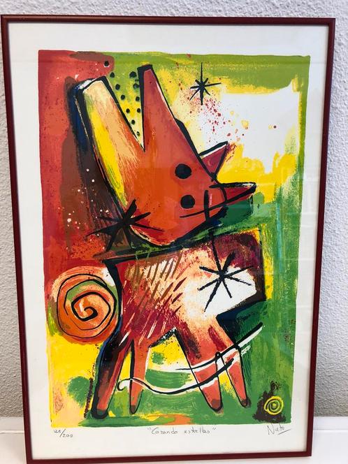 Vierluik van Angeles Nieto zeefdruk Cazando Estrellas., Antiek en Kunst, Kunst | Schilderijen | Abstract, Ophalen of Verzenden