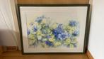 Schilderij E. de Geus, blauwe bloemen, d.groen houten lijst, Ophalen, Zo goed als nieuw, Schilderij
