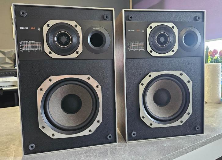Philips 482 vintage luidsprekers – made in Belgium topstaat, Audio, Tv en Foto, Luidsprekers, Front, Rear of Stereo speakers, 60 tot 120 watt