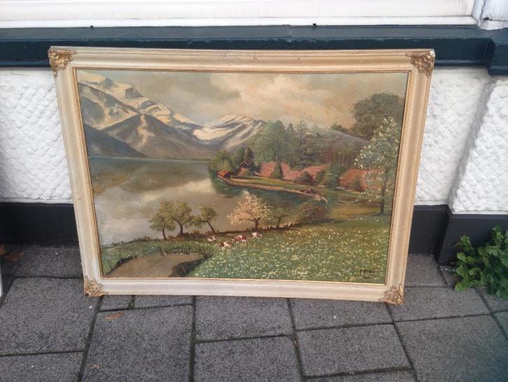 Schilderij Landschap aan een meer met koeien in de wei, Antiek en Kunst, Kunst | Schilderijen | Klassiek, Ophalen of Verzenden