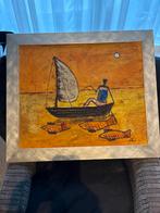 Schilderij van een boot met vissen, Ophalen of Verzenden