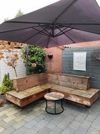 Steigerhouten hoekbank met kussens, parasol en tafel, Tuin en Terras, Tuinbanken, Ophalen of Verzenden, Gebruikt