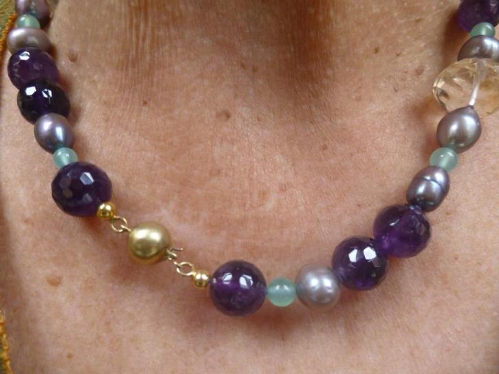 Collier Amethist Parels Citrien Jade 14 kt Goud Bol Slot, Sieraden, Tassen en Uiterlijk, Kettingen, Zo goed als nieuw, Goud, Met edelsteen