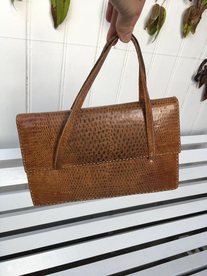 Elegante vintage echt slangenleren handtas, Sieraden, Tassen en Uiterlijk, Tassen | Damestassen, Gebruikt, Handtas, Bruin, Ophalen of Verzenden