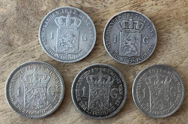 Gulden 1892 + 1897 en 1913, 1914 en 1915 Wilhelmina (1), Postzegels en Munten, Munten | Nederland, Setje, 1 gulden, Koningin Wilhelmina