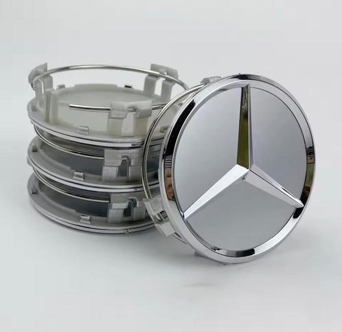 Set naafdoppen 75 mm Mercedes (4 stuks) nieuw zilver, Auto diversen, Wieldoppen, Nieuw, Verzenden