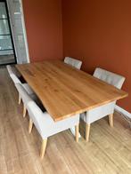 Massief blank eikenhout eettafel met witte kruispoot, Ophalen, Eikenhout, 200 cm of meer, 50 tot 100 cm