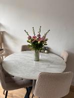 Echte wit marmeren ronde eettafel met zwarte kruispoot, Huis en Inrichting, Tafels | Eettafels, Ophalen, Overige materialen, Rond