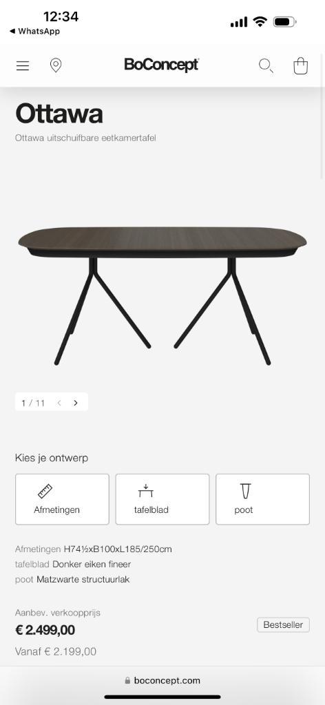 Ottawa Uitschuifbare Eettafel Bo-Concept, Huis en Inrichting, Tafels | Eettafels, Zo goed als nieuw, 50 tot 100 cm, 200 cm of meer