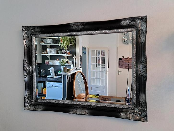Antieke Spiegel Brocante Zwart Zilver Geslepen Rand, Antiek en Kunst, Antiek | Spiegels, 100 tot 150 cm, Minder dan 100 cm, Rechthoekig