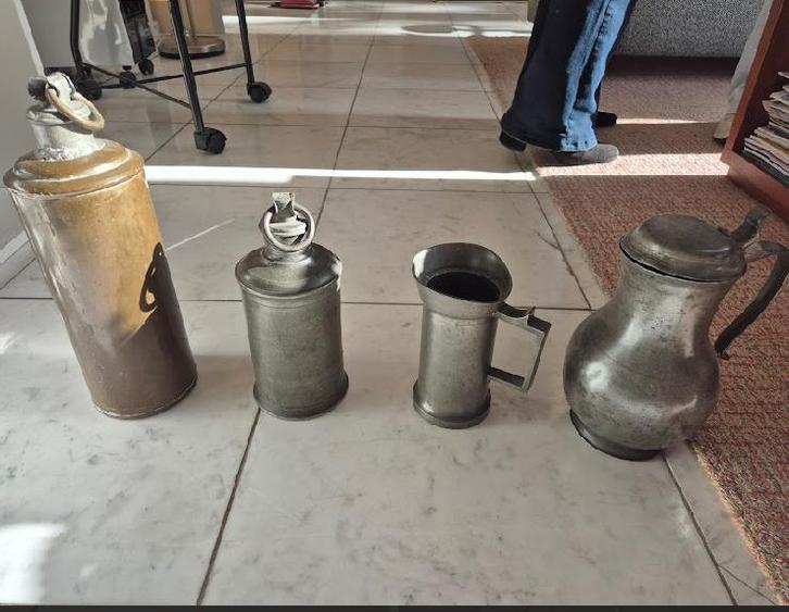 Oude Tinnen Bussen, Maatbeker en Kan met Deksel, Antiek en Kunst, Antiek | Tin, Ophalen