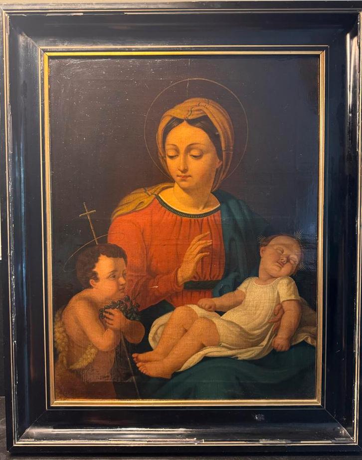19e eeuws schilderij: Maria, Jezus en Johannes, Antiek en Kunst, Kunst | Schilderijen | Klassiek, Ophalen of Verzenden