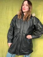 Vintage leren parka met capuchon - hooded - zwart 40/L, Kleding | Dames, Jassen | Winter, Maat 38/40 (M), Zwart, Ophalen of Verzenden