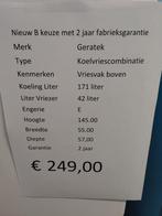 Geratek koelvriescombi wit 145cm 249 euro, Witgoed en Apparatuur, Koelkasten en IJskasten, Nieuw, Met aparte vriezer, 200 liter of meer