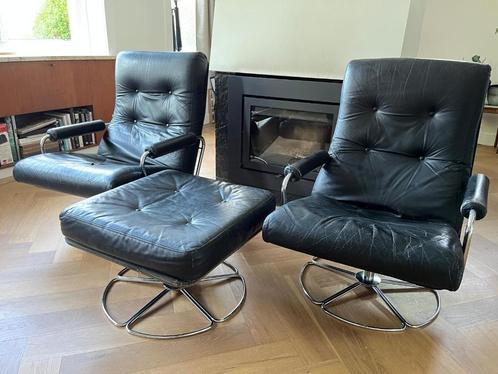 Gelderland Jan des Bouvrie lounge fauteuil  2 x met hocker, Huis en Inrichting, Fauteuils, Gebruikt, Leer, Metaal, Stof, Ophalen